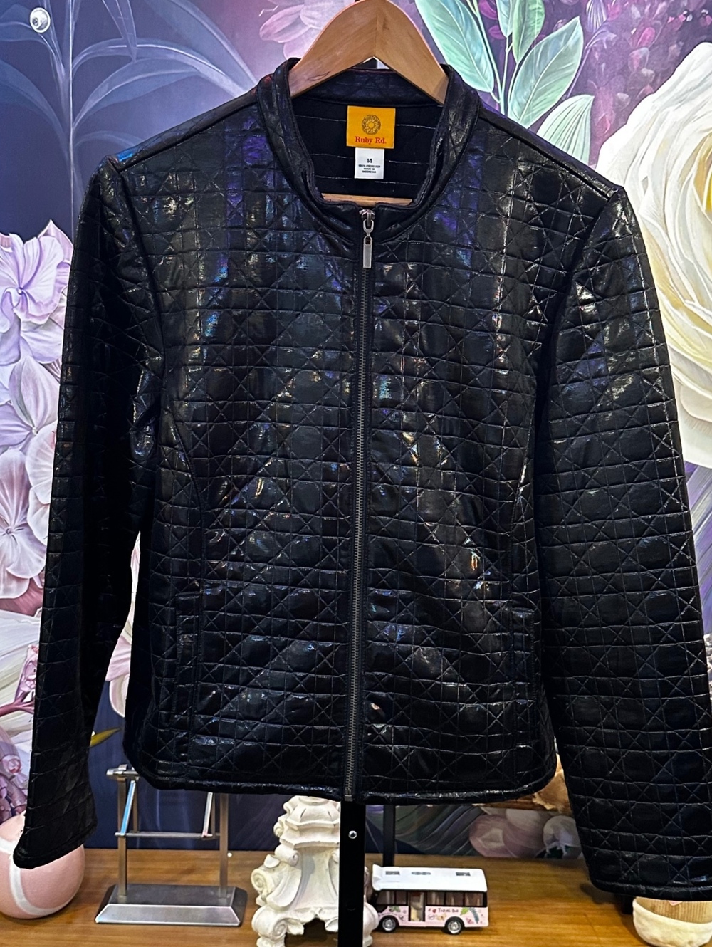 Ruby Rd 14 Black Faux Leather Jacket Zip Quilted Moto Minimalist Edgy Rocker